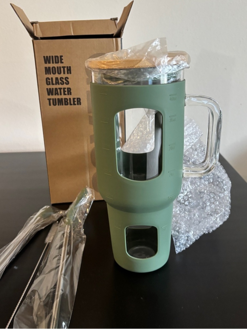 Wide Mouth Glass Water Tumbler with Olive Green Silicone Sleeve